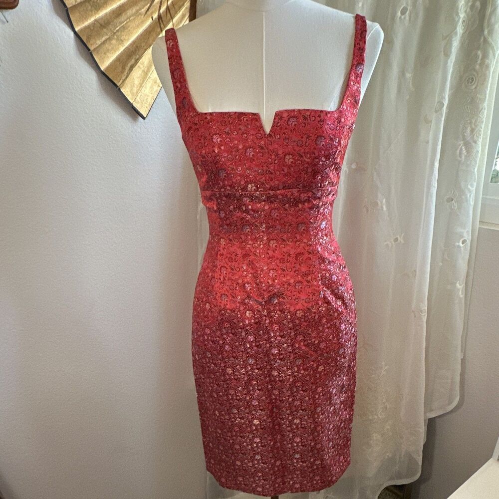 90's-Y2K Georgiou Studio Red Floral Satin Sheath Dress Sleeveless Square Neck 2